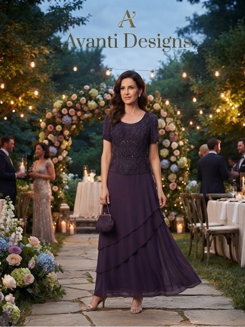 Avanti Plum Beaded Evening Gown Dress